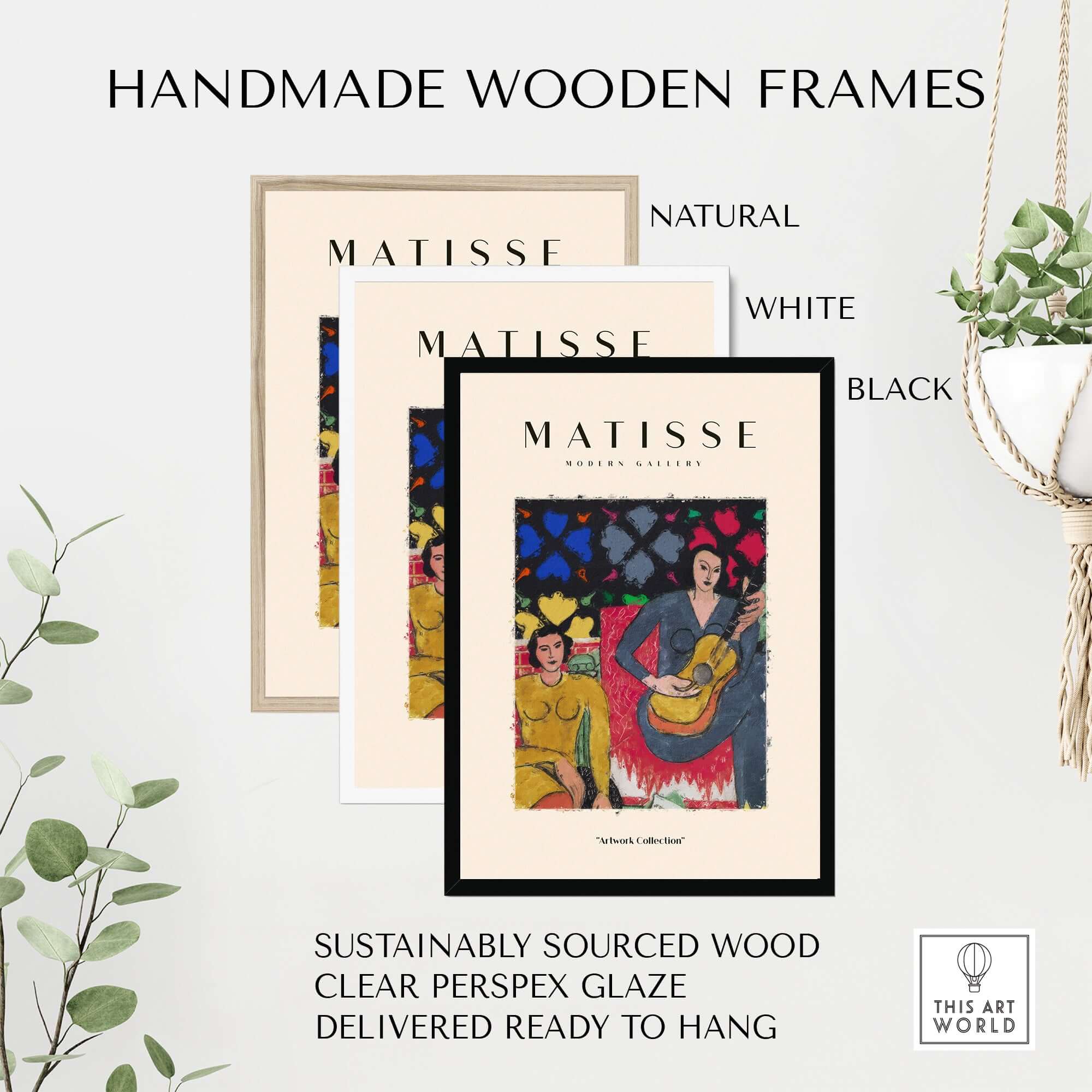 Matisse Art Prints - Two Women Guitar Interior Scene Poster displayed in handmade wooden frames: natural, white, and black options.