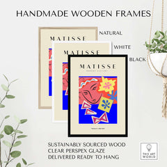 Matisse Art Prints - Abstract Face with Flowers Collage Wall Art framed in handmade wooden frames in three colors.