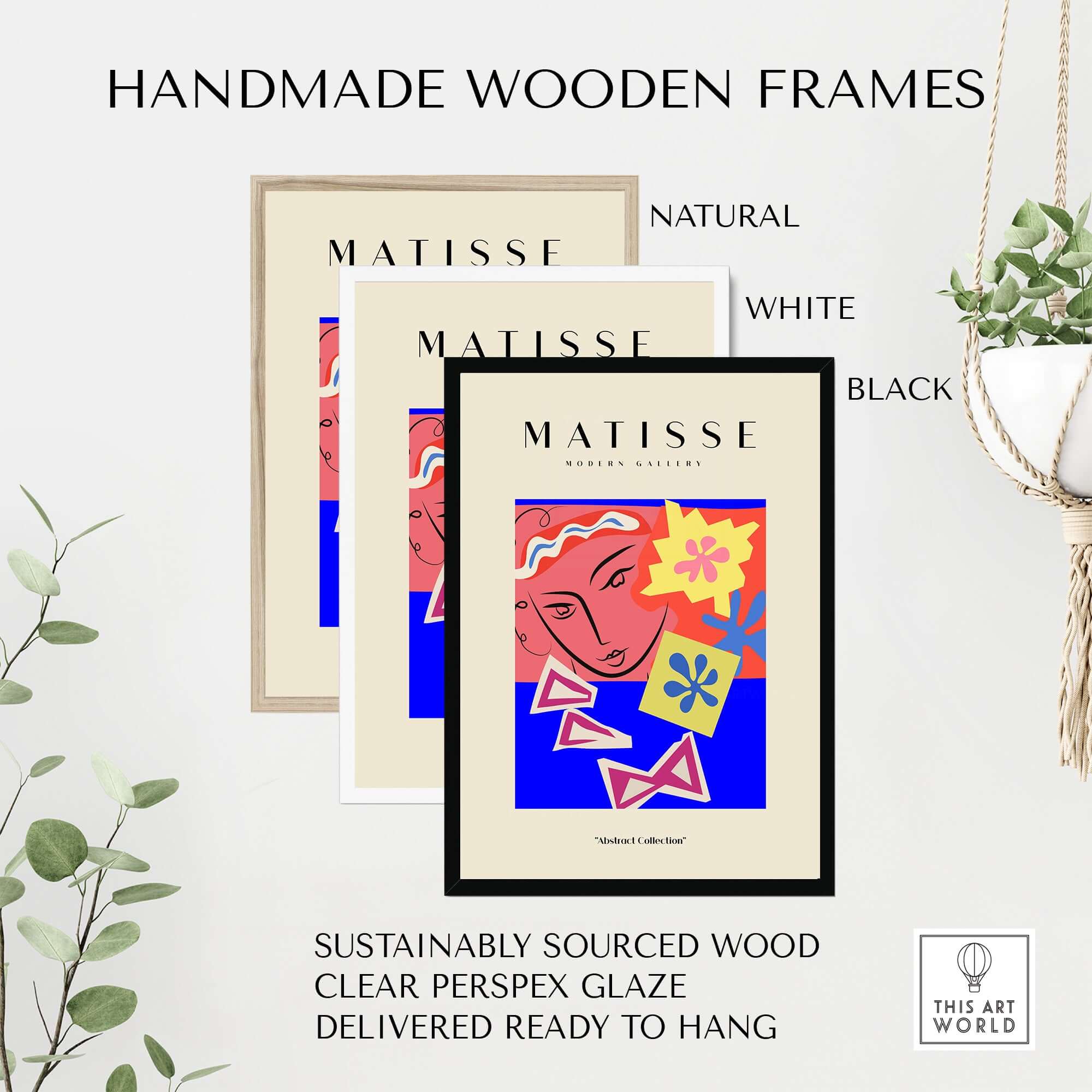 Matisse Art Prints - Abstract Face with Flowers Collage Wall Art framed in handmade wooden frames in three colors.