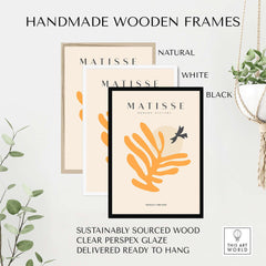 Matisse Art Prints - Orange Leaf Bird Silhouette Poster displayed in three handmade wooden frames: natural, white, and black.