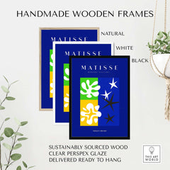 Matisse Art Prints - Abstract Blue Poster in handmade wooden frames, showcasing natural, white, and black options.