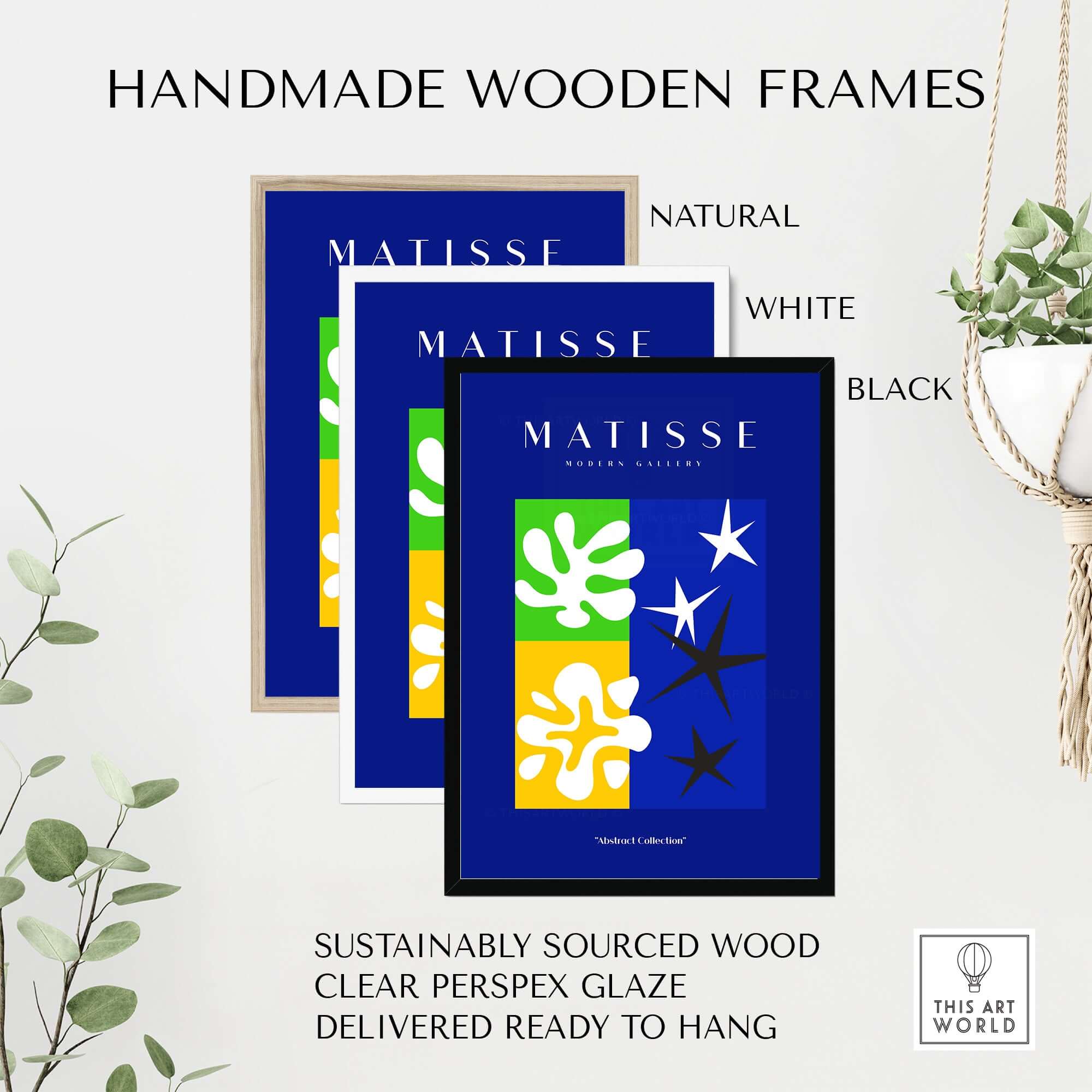 Matisse Art Prints - Abstract Blue Poster in handmade wooden frames, showcasing natural, white, and black options.