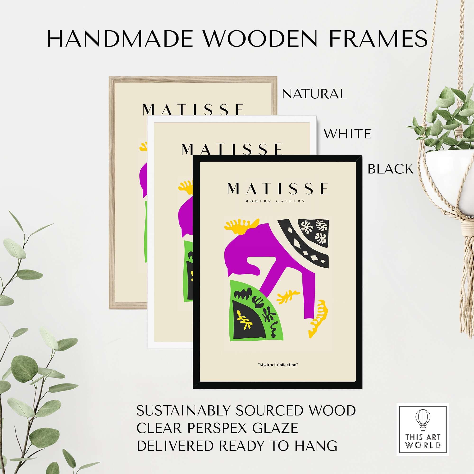 Matisse Art Prints - Purple Horse Abstract Figure Collage Poster in handmade wooden frames, showcasing natural, white, and black options.
