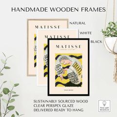 Matisse Art Prints - Resting Woman Patterned Blouse Yellow displayed in handmade wooden frames: natural, white, and black.