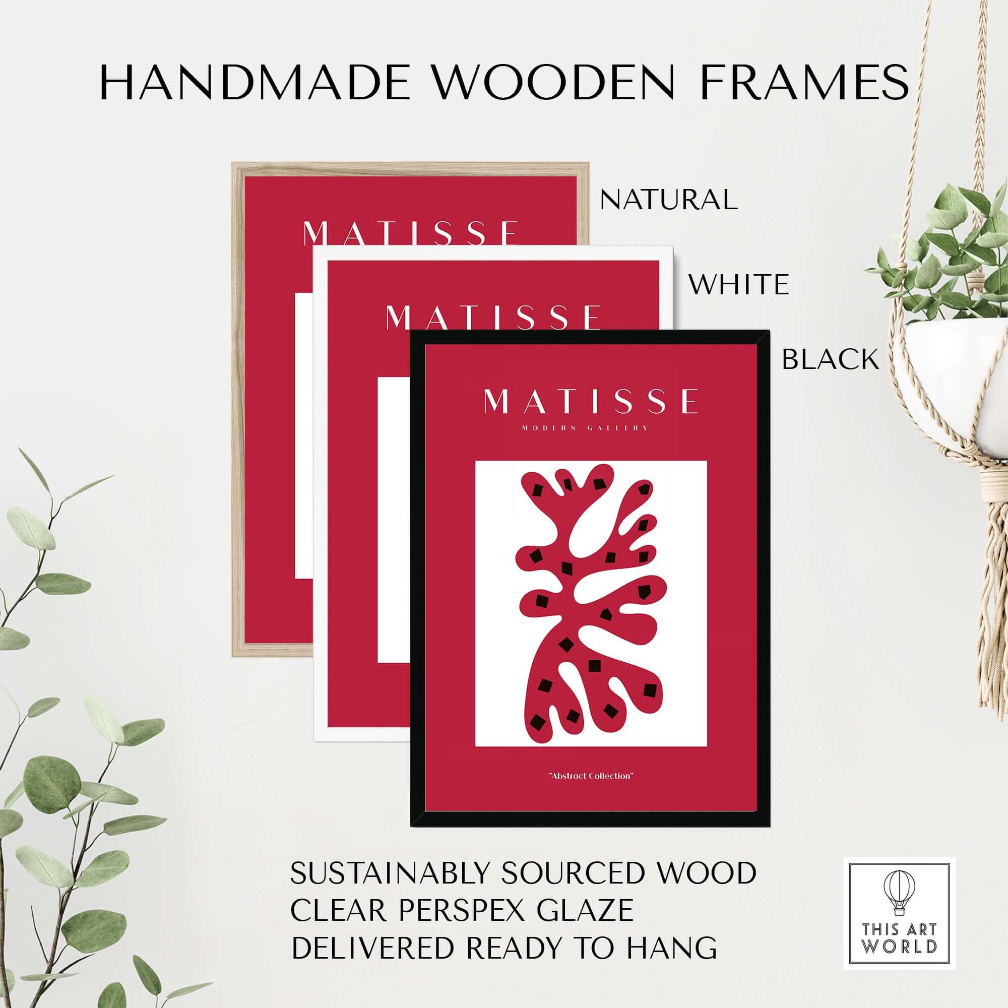 Matisse Art Prints - Red Coral Abstract Black Diamonds Poster with handmade wooden frames in natural, white, and black.
