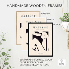 Matisse Art Prints - Black Abstract Nude Figure Poster in handmade wooden frames, customizable in natural, white, and black.