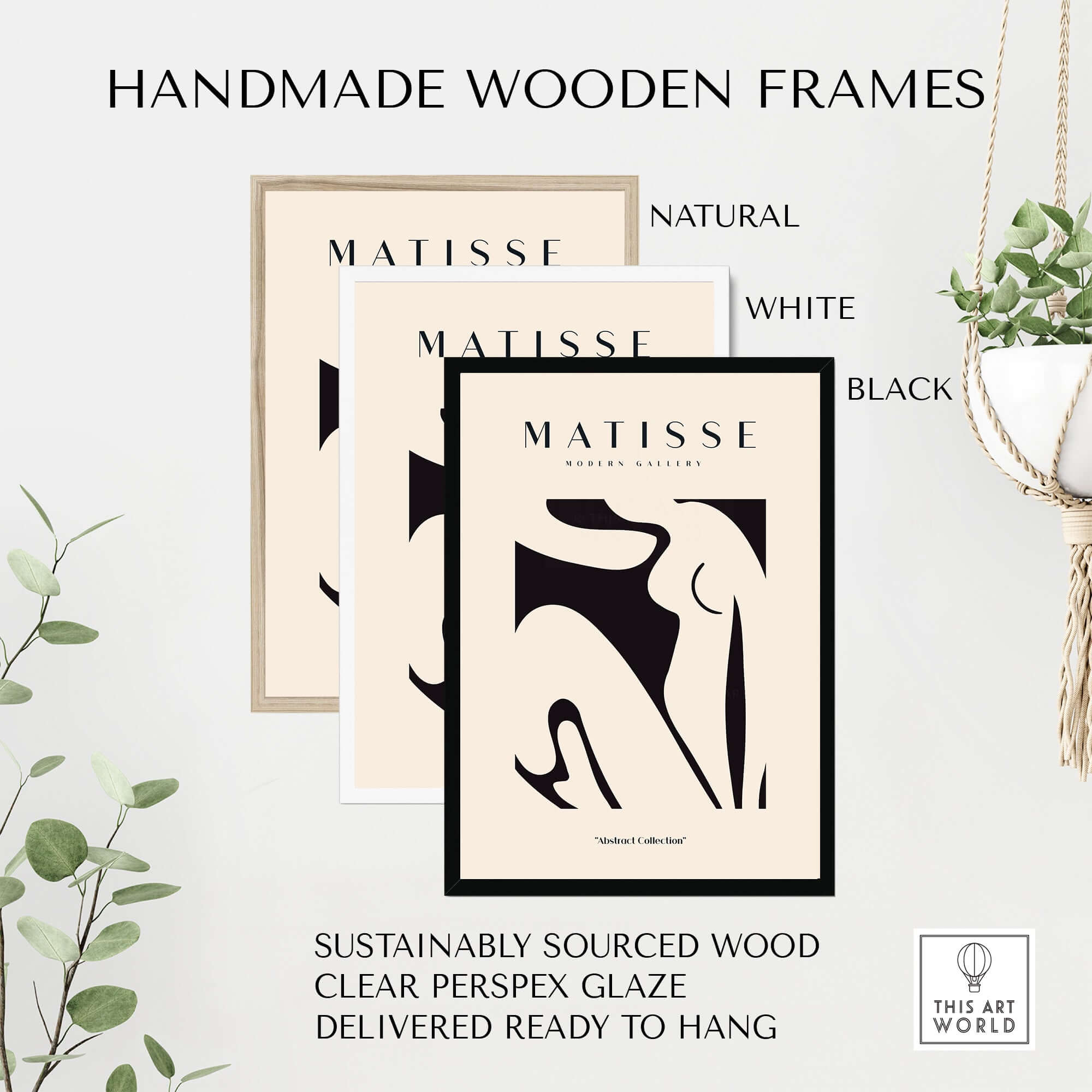 Matisse Art Prints - Black Abstract Nude Figure Poster in handmade wooden frames, customizable in natural, white, and black.