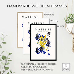 Matisse Art Prints - Abstract Floral Blue Yellow Black Poster displayed in handmade wooden frames.