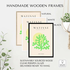 Matisse Art Prints - Lime Green Coral Abstract Sun Print displayed in handmade wooden frames in natural, white, and black.