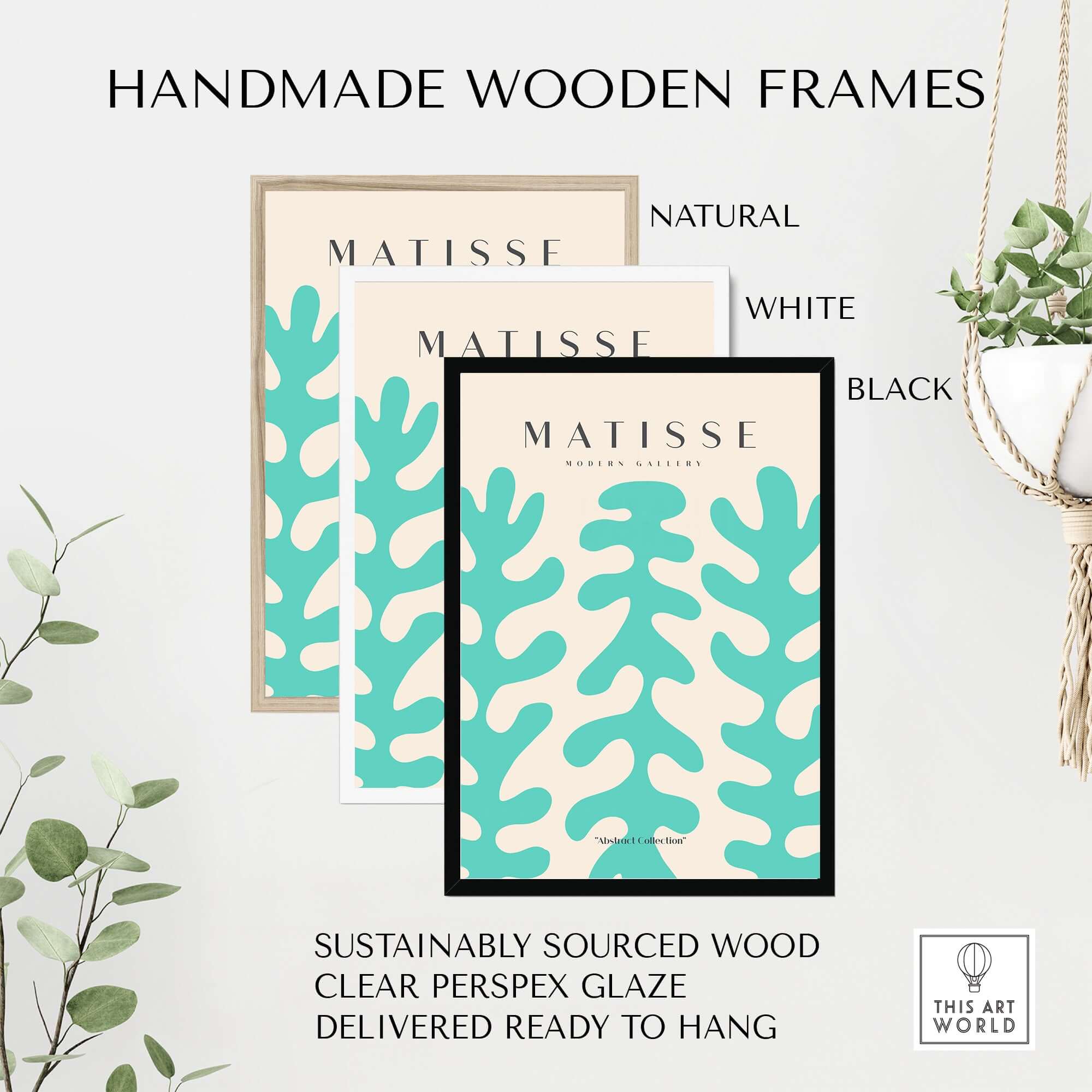 Matisse Art Prints - Teal Coral Pattern Abstract Wall Art framed in handmade wooden frames available in natural, white, and black.