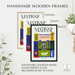 Matisse Amphitrite 1947 Abstract Patchwork Poster Print surrounded by handmade wooden frames in natural, white, and black.