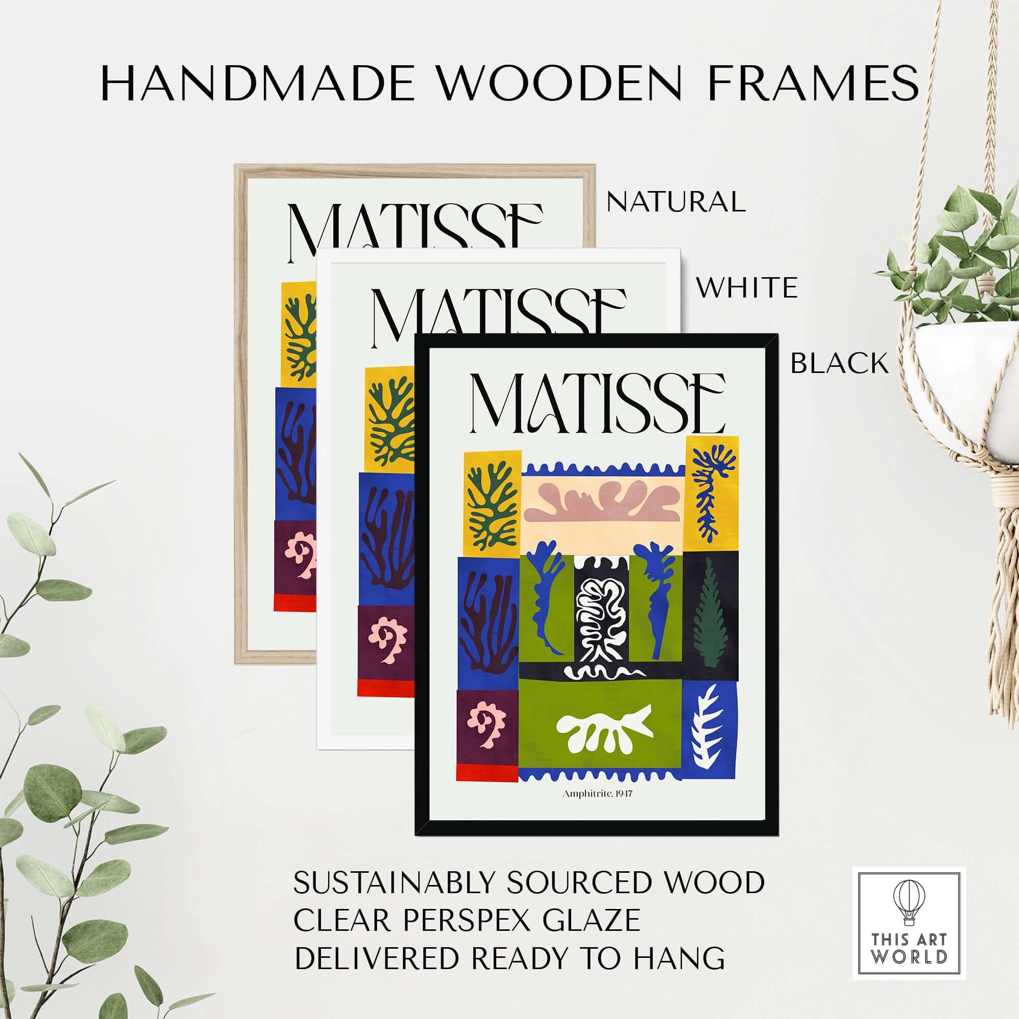 Matisse Amphitrite 1947 Abstract Patchwork Poster Print surrounded by handmade wooden frames in natural, white, and black.