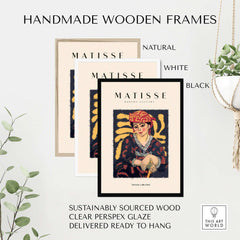 Matisse Art Prints - Woman in Patterned Hat & Dress Poster displayed in handmade wooden frames in natural, white, and black.