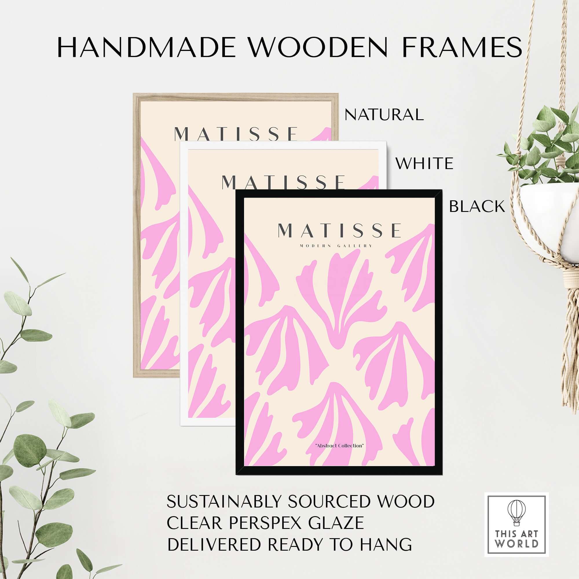 Matisse Art Prints - Pink Abstract Shapes Pattern Poster displayed in handmade wooden frames in natural, white, and black colors.