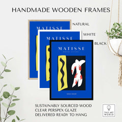 Matisse Art Prints - Icarus Jazz Abstract Art Print Blue framed in handmade wooden frames in natural, white, and black.