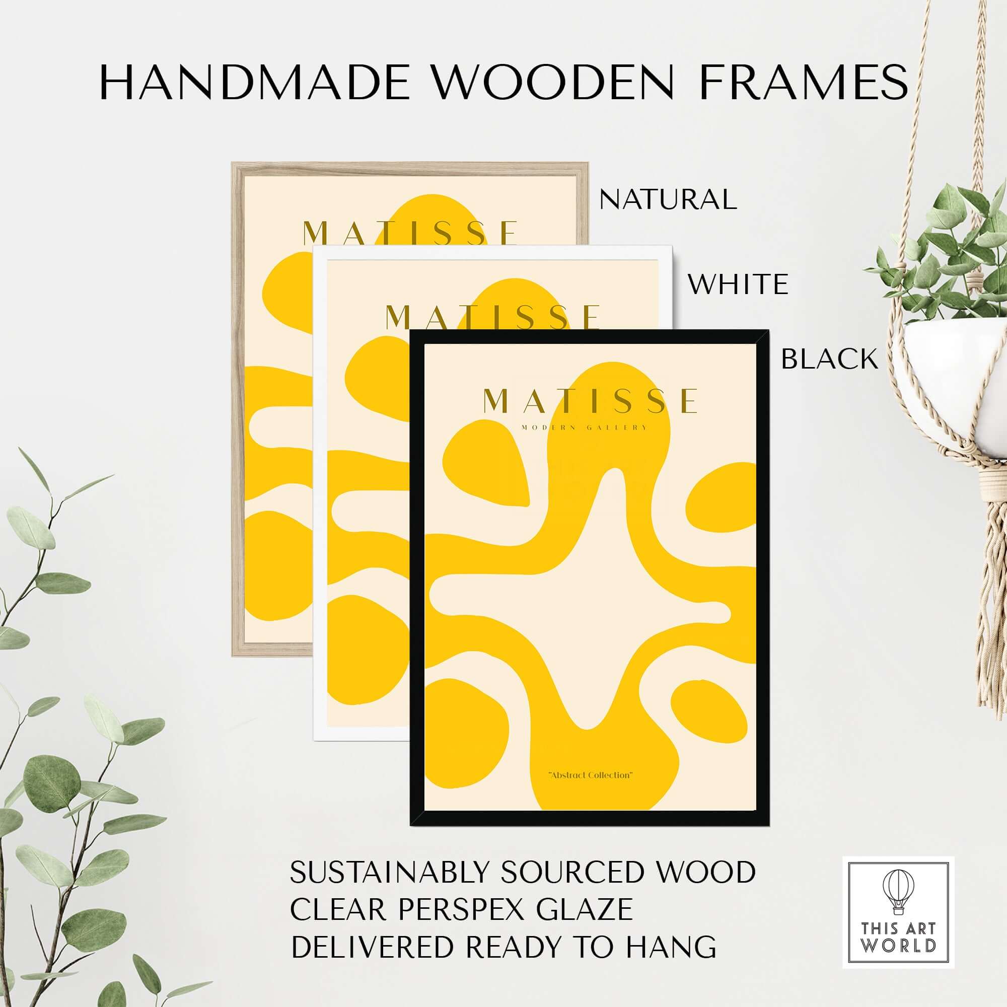Matisse Art Prints - Yellow Abstract Fluid Shape Poster in handmade wooden frames: natural, white, and black options.