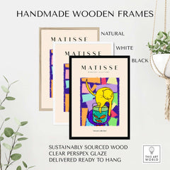 Matisse Art Prints - Yellow Cat with Fishbowl Geometric Poster showcased in handmade wooden frames.