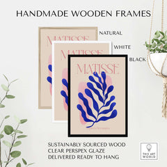 Matisse Blue Leaf Abstract Papiers Découpés Wall Art Print with handmade wooden frames in natural, white, and black finishes.