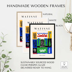 Matisse Art Prints -  Complex Abstract Botanical Patchwork Poster displayed in handmade wooden frames in natural, white, and black.