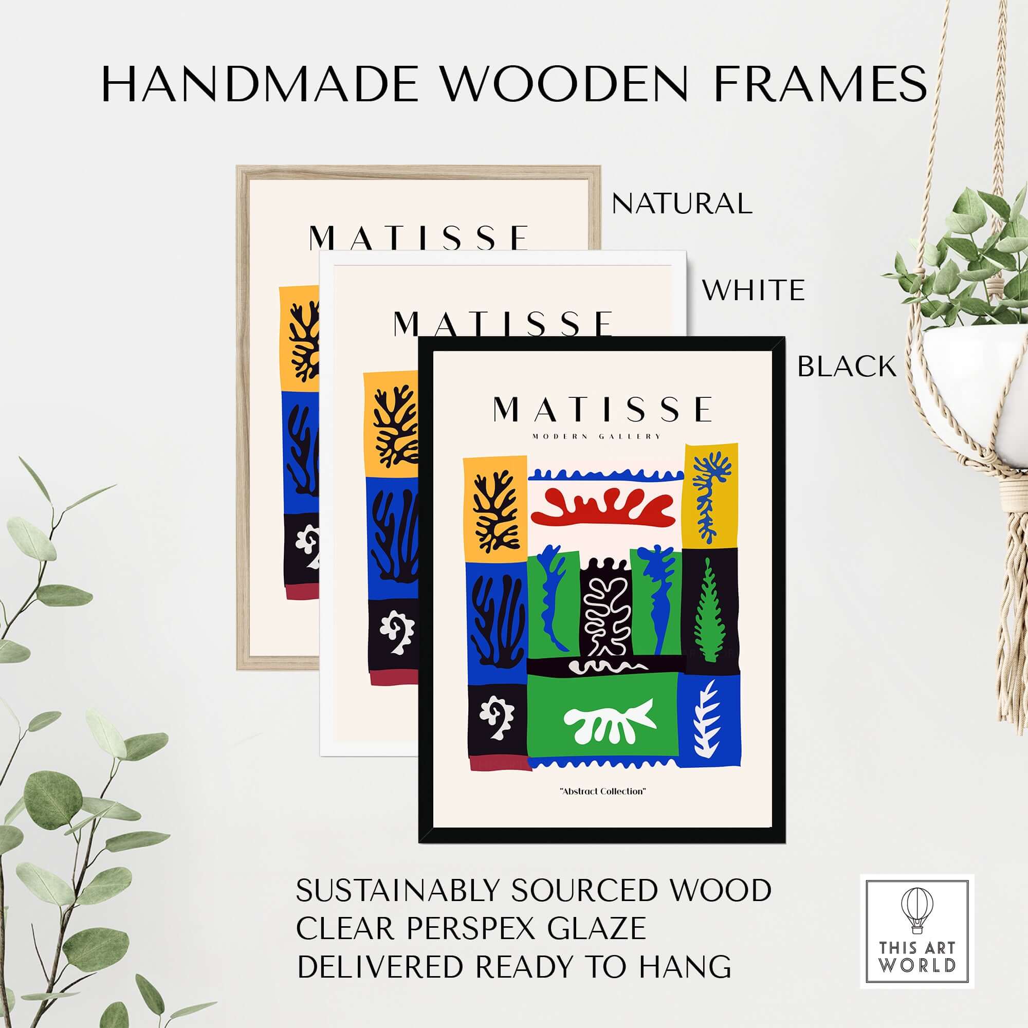 Matisse Art Prints -  Complex Abstract Botanical Patchwork Poster displayed in handmade wooden frames in natural, white, and black.