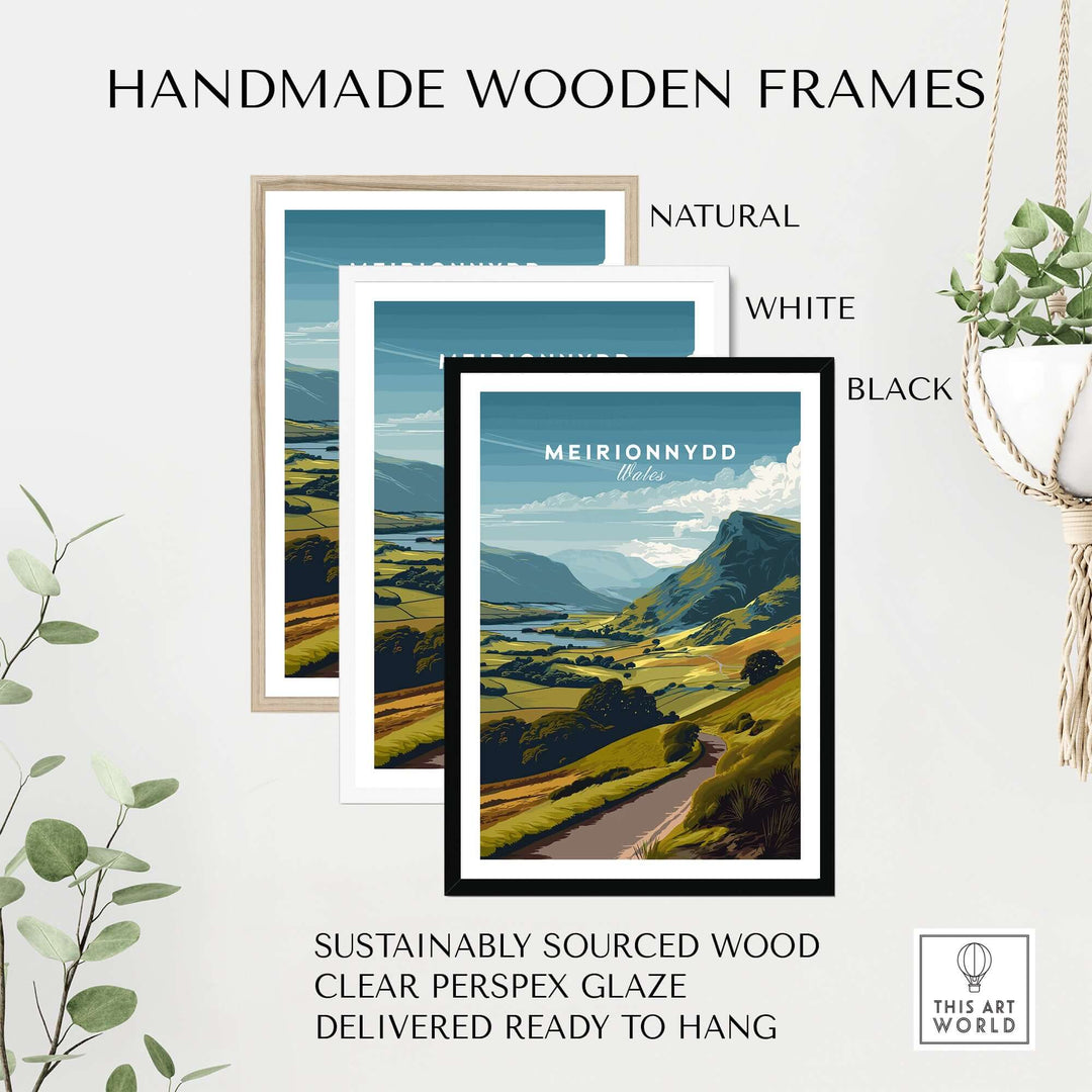 Handmade wooden frames in natural, white, and black for Meirionnydd Mountain Landscape Poster, featuring sustainable materials.