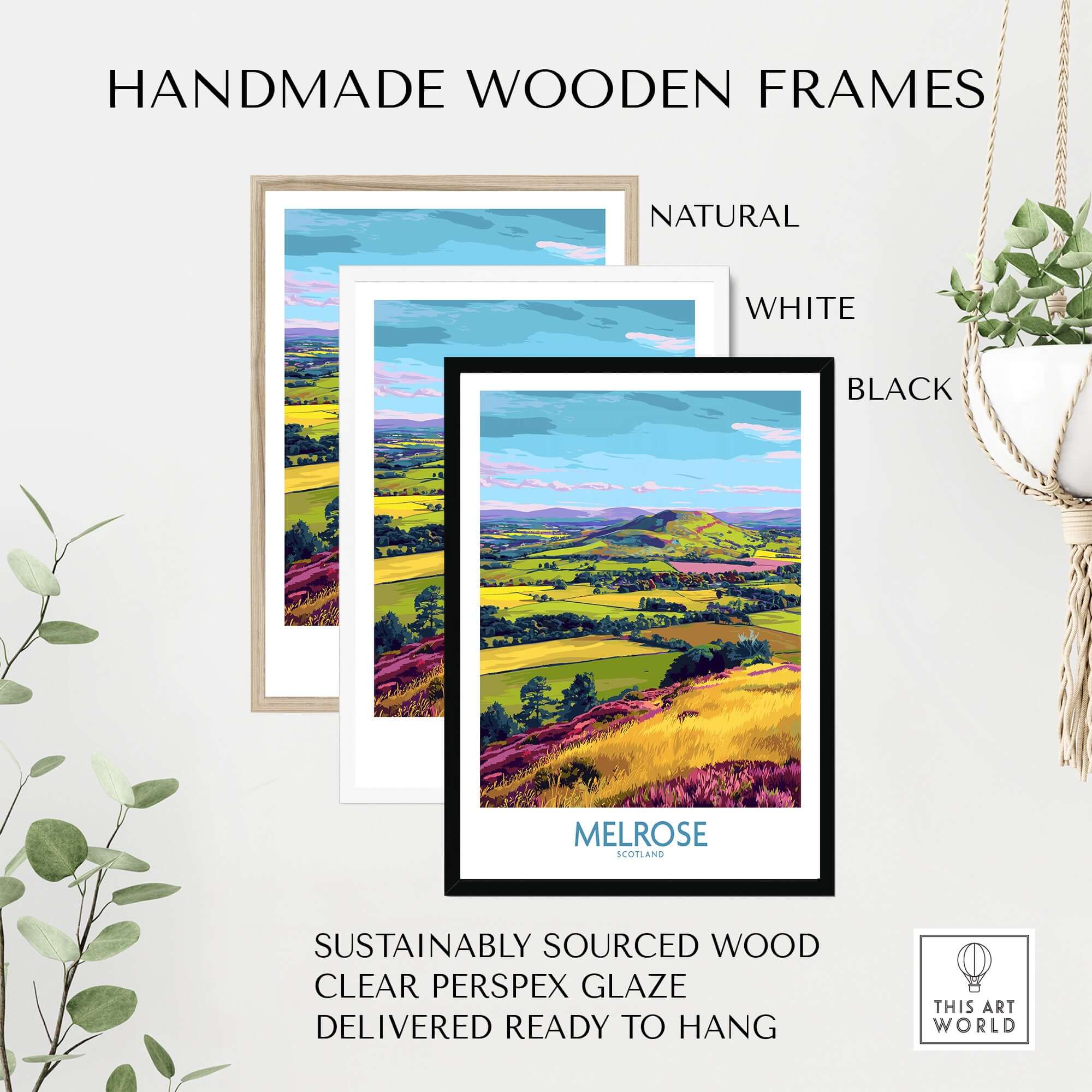 Melrose Scotland Eildon Hills Travel Print Scottish Borders Poster Landscape Wall Art framed in handmade wooden frames.