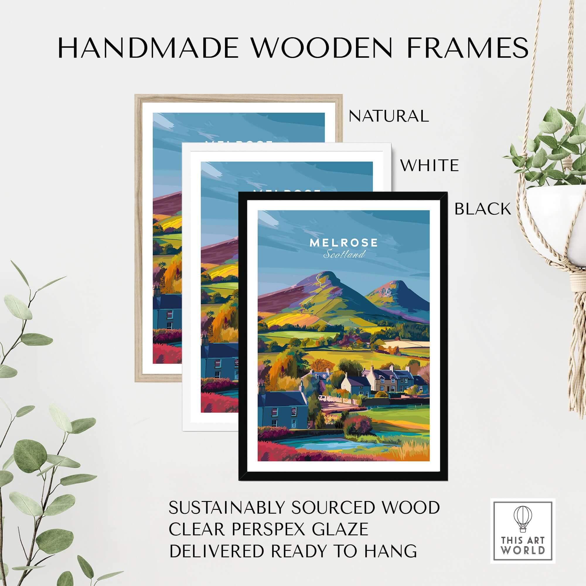 Melrose Scotland Village Travel Print Eildon Hills Poster Scottish Borders Wall Art displayed in handmade wooden frames.