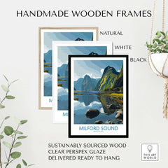 New Zealand Fiordland Poster Milford Sound Reflection Print Travel Landscape Wall Art in handmade wooden frames