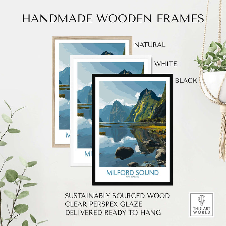 Handmade wooden frames in natural, white, and black for Milford Sound print, sustainably sourced and ready to hang.