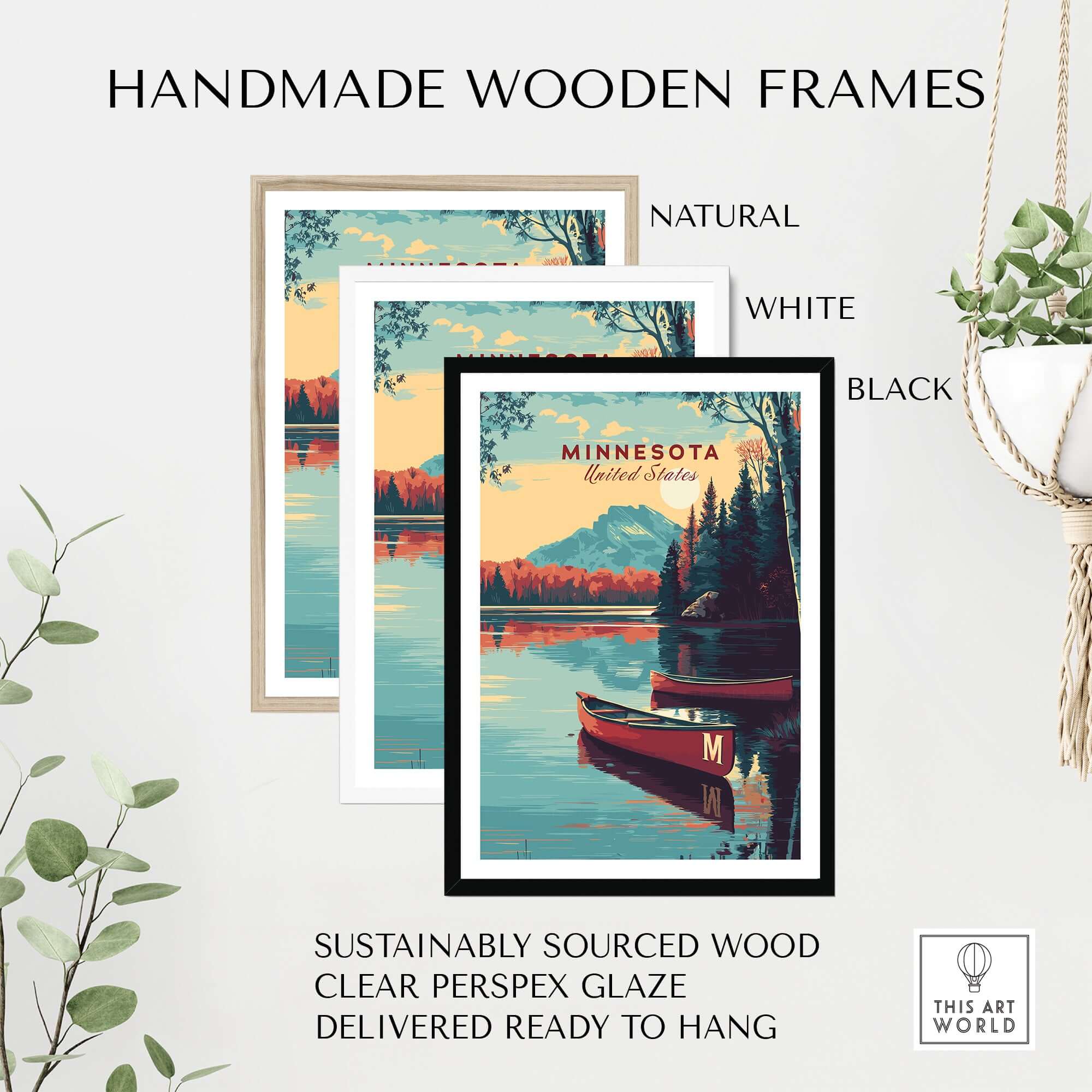 Minnesota USA Lake Canoe Poster - Peaceful Landscape Wall Art in handmade wooden frames in natural, white, and black colors.