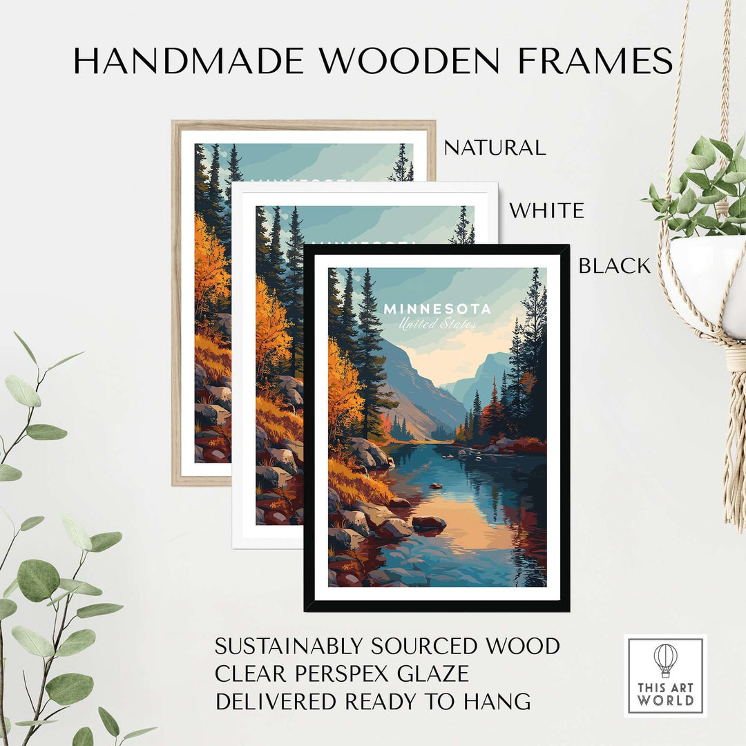 Handmade wooden frames in natural, white, and black, showcasing a Minnesota nature poster with clear plexiglass.