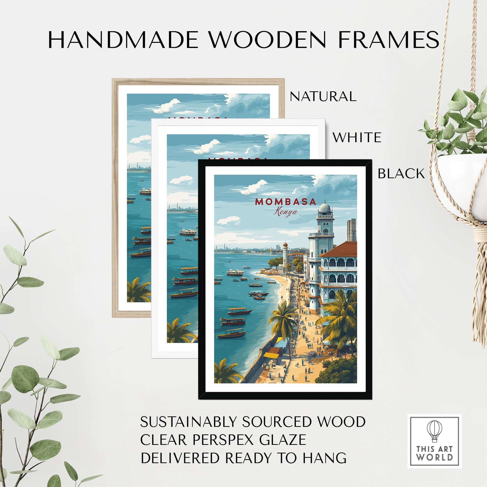 Mombasa Kenya Old Town Print - Historic Coastal City Poster displayed in handmade wooden frames in natural, white, and black.