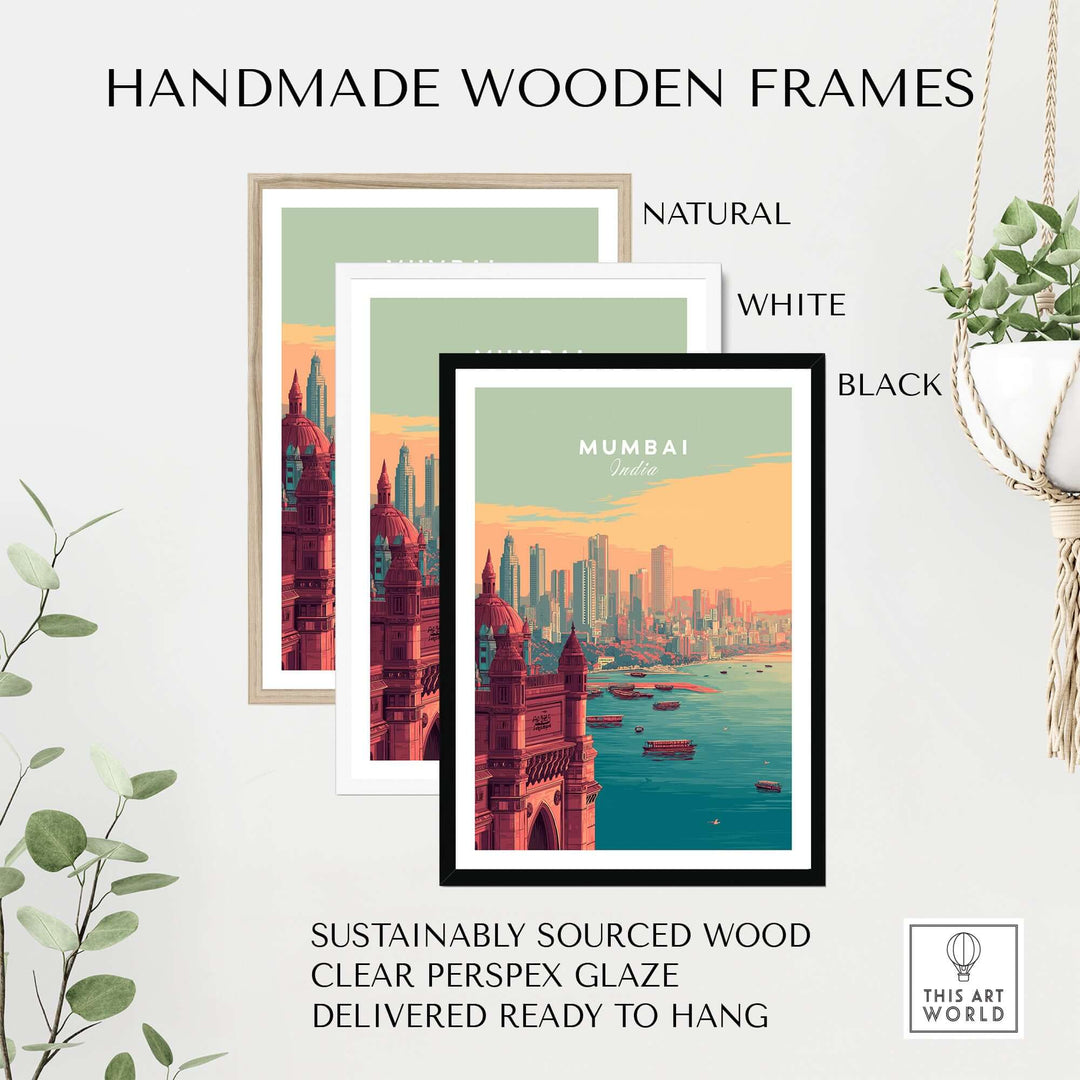 Handmade wooden frames in natural, white, and black for Mumbai skyline poster, sustainably sourced and ready to hang.