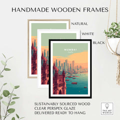 Mumbai India Skyline & Gateway Poster - Modern Cityscape Wall Art displayed in handmade wooden frames.
