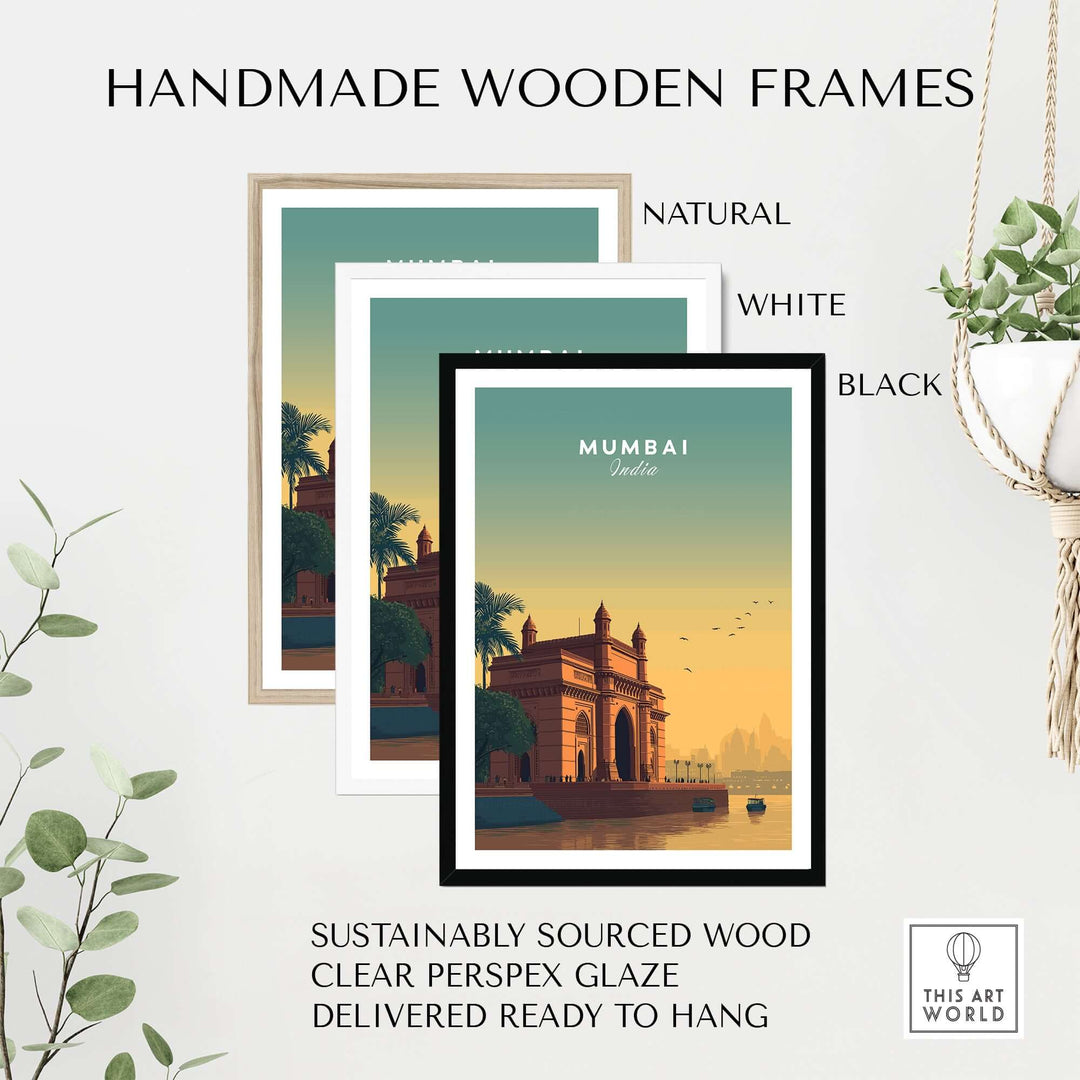 Handmade wooden frames in natural, white, and black finishes for Mumbai sunset art poster.