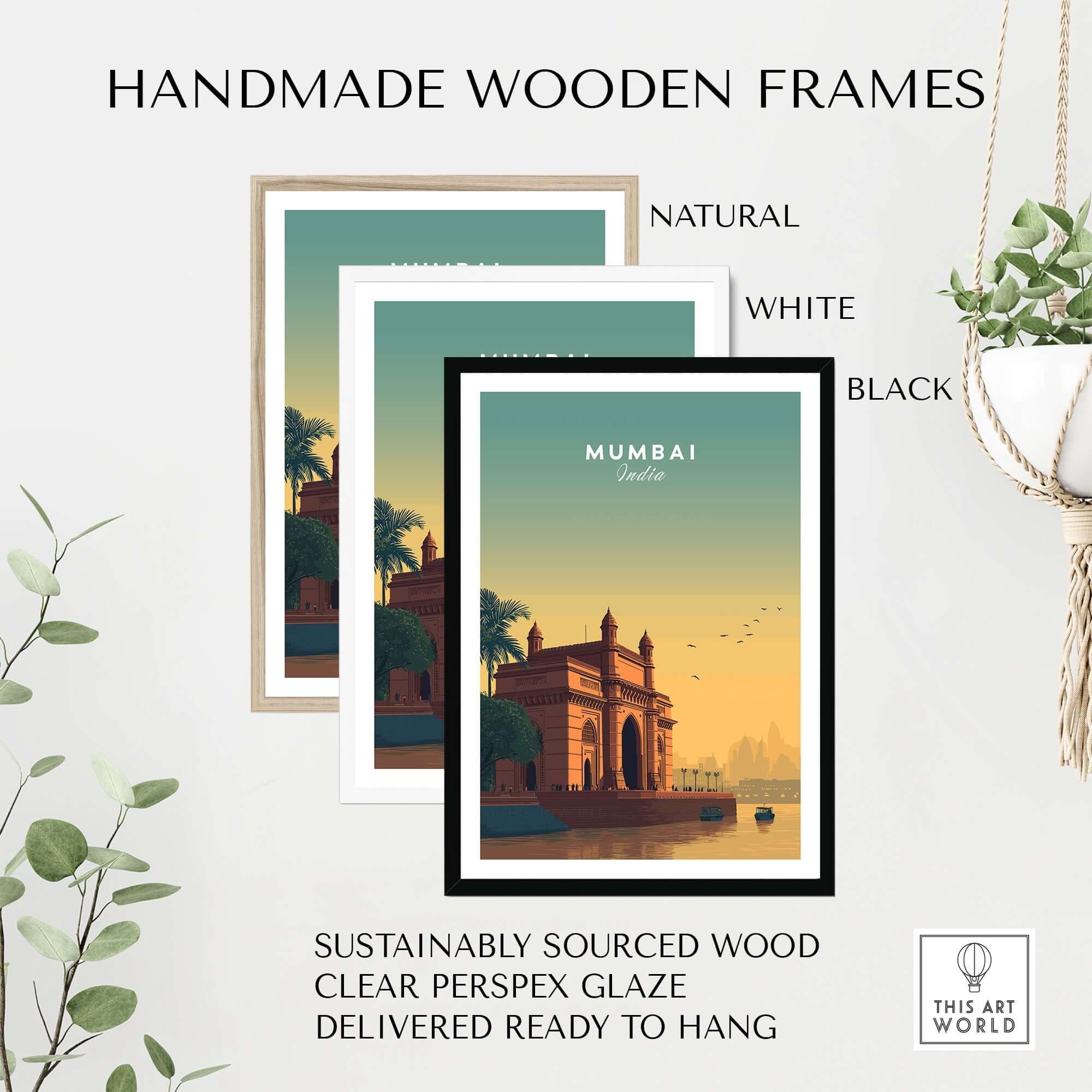 Handmade wooden frames in natural, white, and black colors for Mumbai India Gateway of India Sunset Poster - Mumbai Landmark Wall Art.