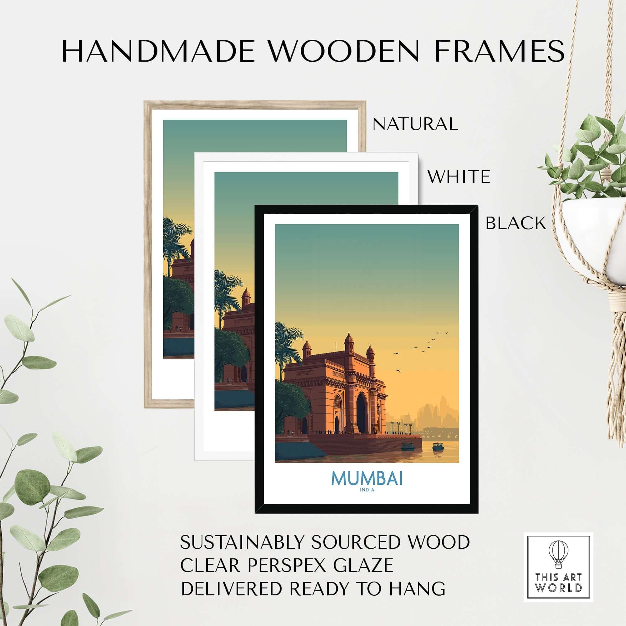 Handmade wooden frames in natural, white, and black showcasing the Mumbai India Harbor View Travel Print - Historic Gateway of India.