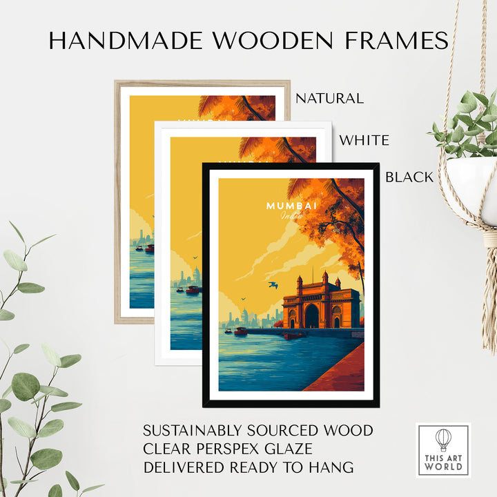Handmade wooden frames in natural, white, and black finishes for vibrant Mumbai artwork, sustainably sourced and ready to hang.