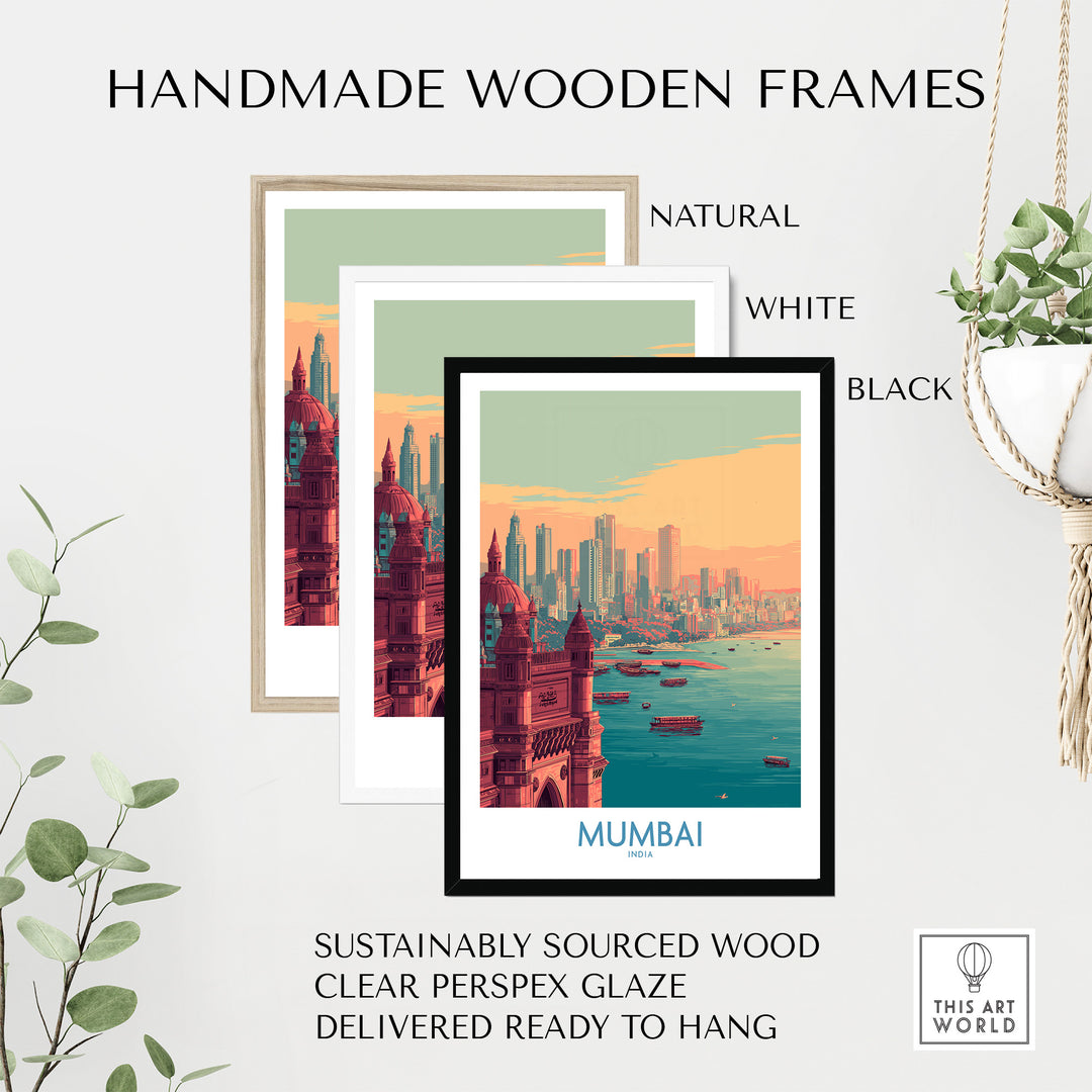 Handmade wooden frames in natural, white, and black for Mumbai bay print, featuring sustainably sourced wood.