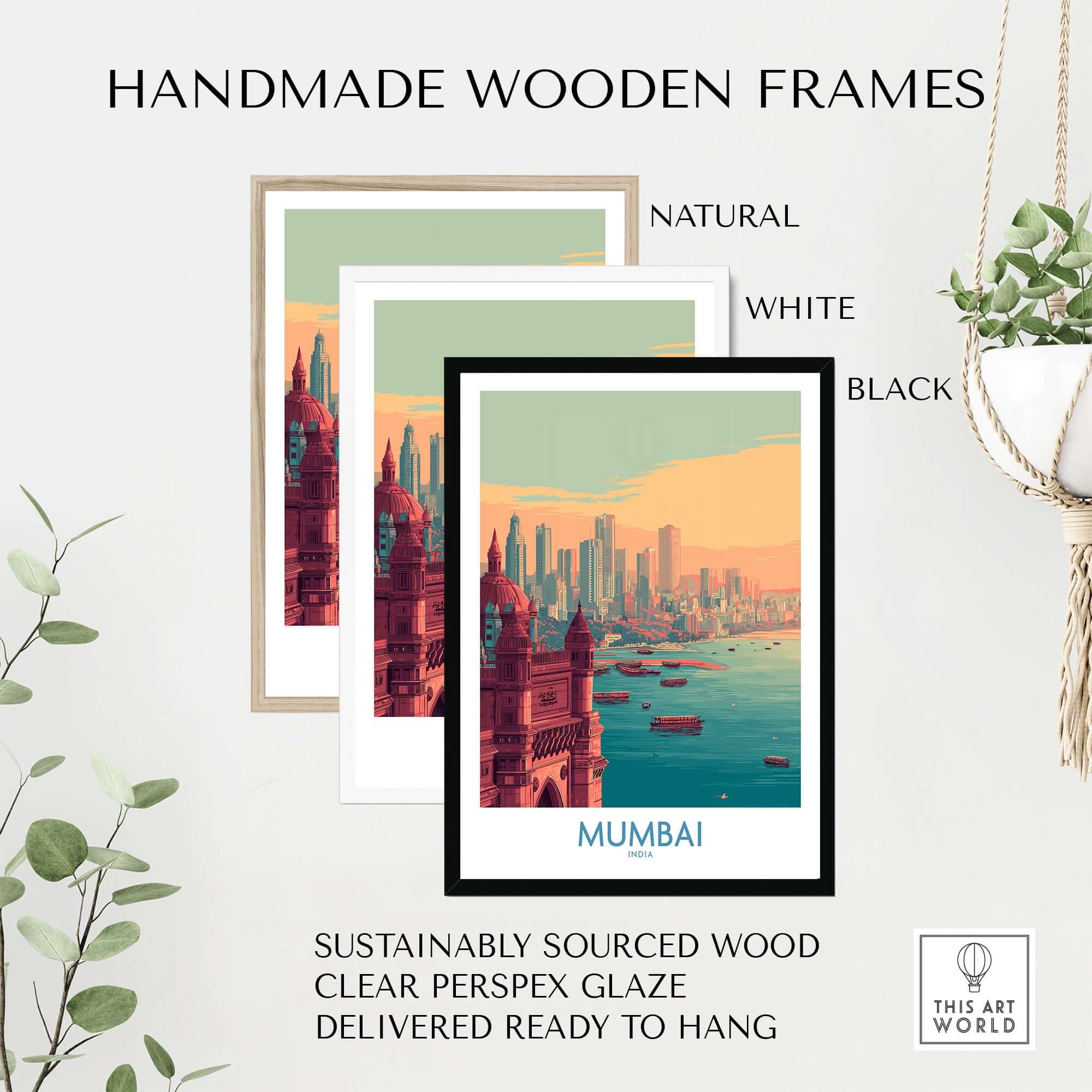 Mumbai India Boats on Bay Print - Financial Capital Travel Decor framed in handmade wooden frames.