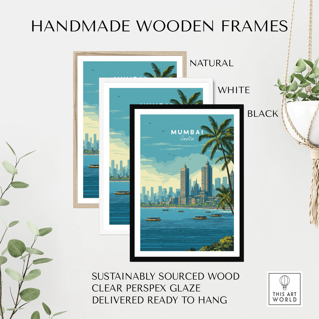 Handmade wooden frames in natural, white, and black for Mumbai Marine Drive palm trees print, ready to hang.