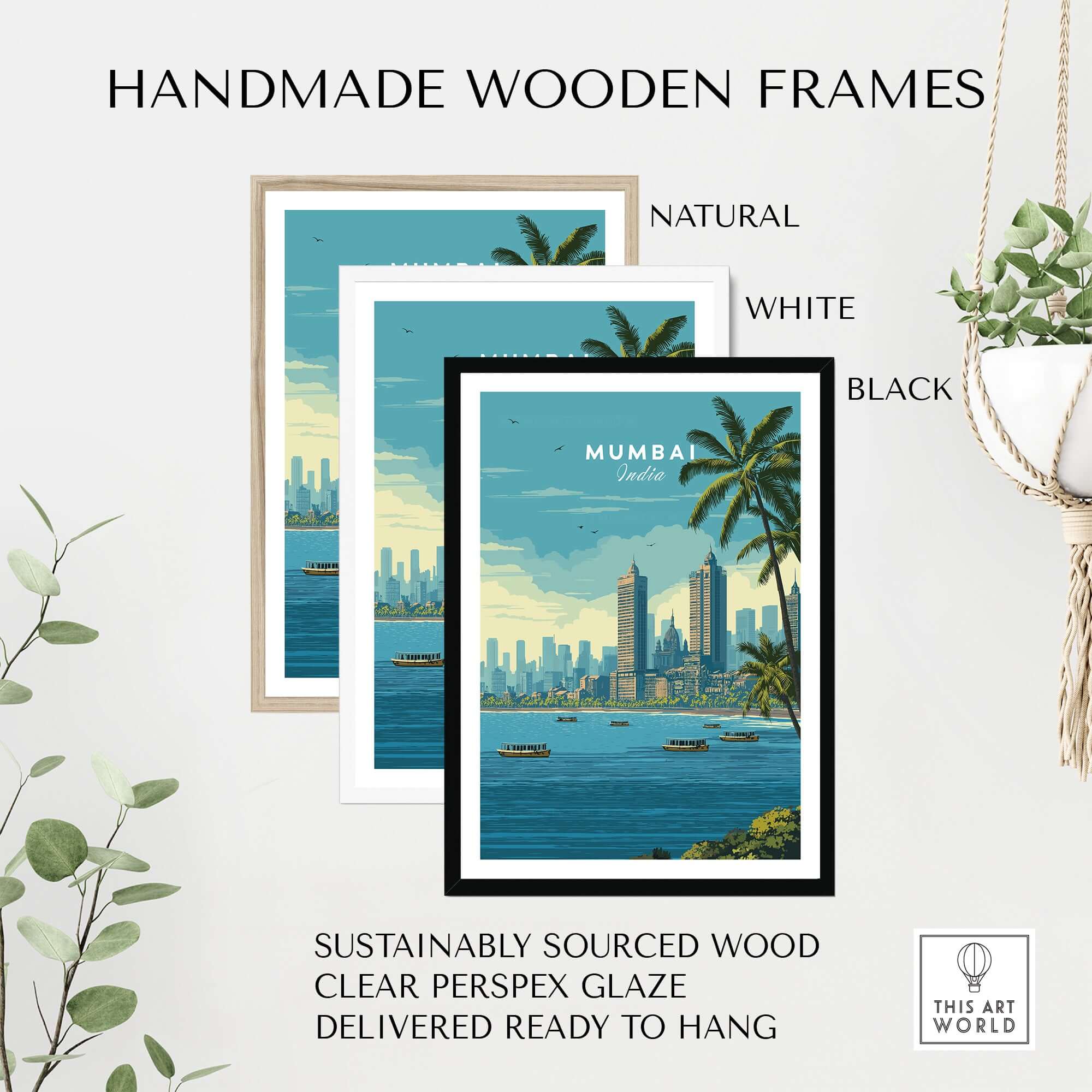 Mumbai India Marine Drive Palm Trees Print - Coastal City Wall Art in handmade wooden frames