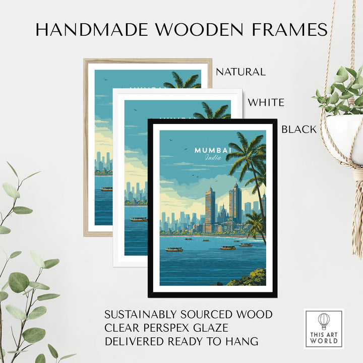 Handmade wooden frames in natural, white, and black for Mumbai Marine Drive palm trees print, ready to hang.