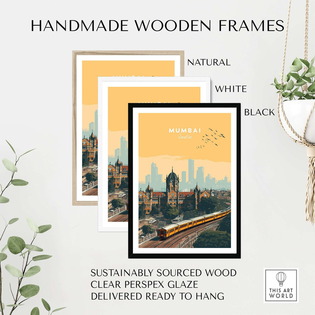 Handmade wooden frames in natural, white, and black for Mumbai skyline print, sustainably sourced wood, ready to hang.