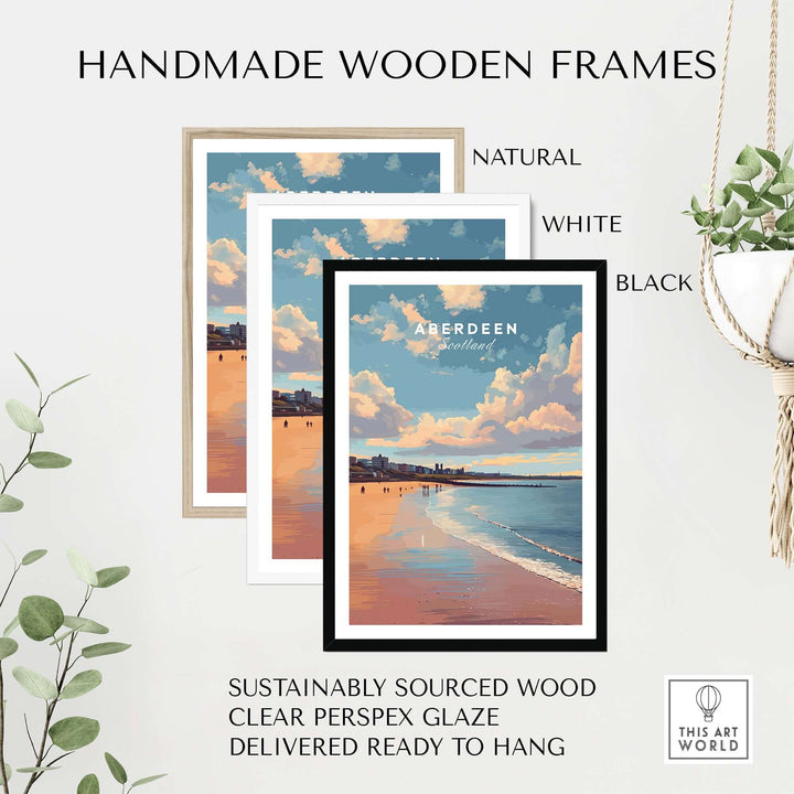 Aberdeen Beach Sunset Seascape Print | Colourful Coastal Wall Decor shown in handmade wooden frames, natural, white, and black.