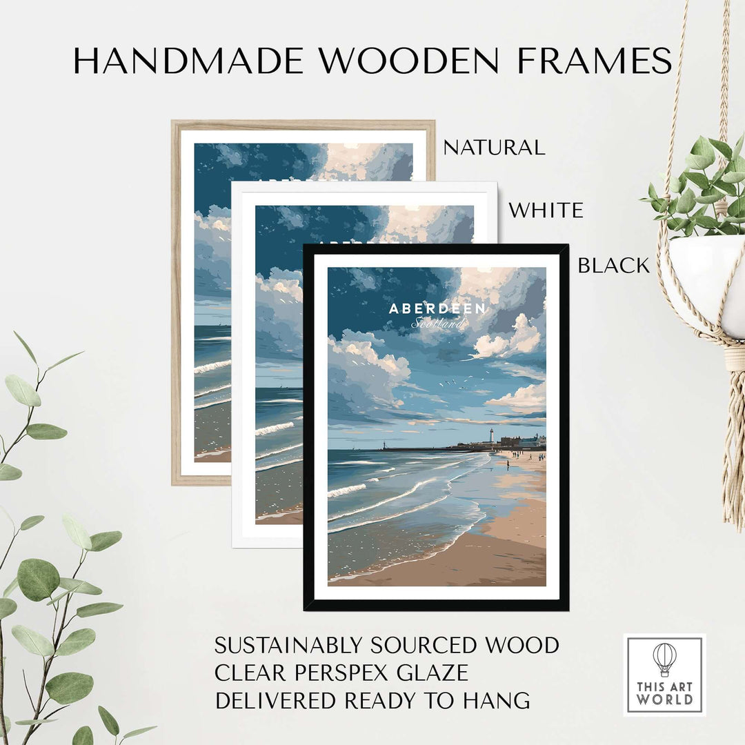 Aberdeen Seaview Beach Shoreline Print | Modern Scottish Travel Decor in handmade wooden frames.