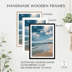 Handmade wooden frames in natural, white, and black for artwork; Aberdeen Seaview Beach Shoreline Print showcased.