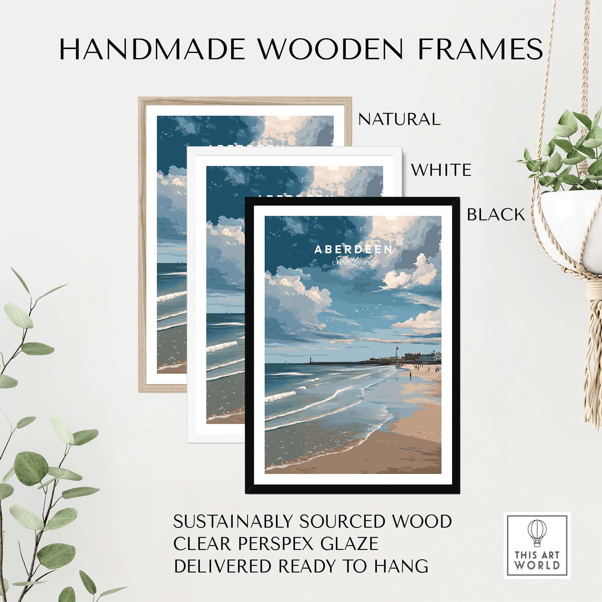 Handmade wooden frames in natural, white, and black for artwork; Aberdeen Seaview Beach Shoreline Print showcased.