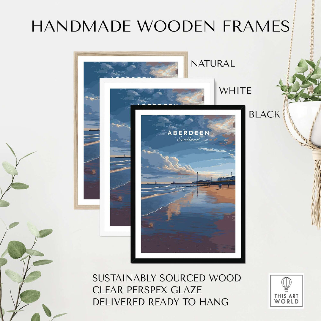 Handmade wooden frames in natural, white, and black options featuring Aberdeen Dusk Beach Seascape Poster.