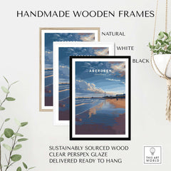 Handmade wooden frames for Aberdeen Dusk Beach Seascape Poster | Scottish Seaside Home Art in natural, white, and black.